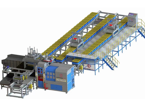 One molding machine matched with 3 conveyor lines and 2 pouring stations